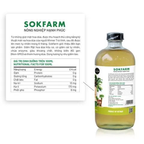 Giấm Mật Hoa Dừa Hữu Cơ Sokfarm 500ml - Giấm Tự Nhiên Nguyên Chất, Không Biến Đổi Gen, Thơm Hương Dừa, Giàu Khoáng Chất