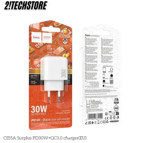 Củ sạc Hoco CS55A Nhanh 30W Type-C USB 2 Cổng sạc, Phù Hợp với điện thoại IP, Android.