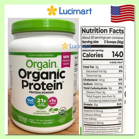 Bột uống Orgain Organic Protein Unsweetened 720g [Hàng Mỹ]