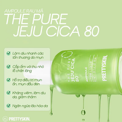 Tinh Chất Rau Má The Pure Jeju Cica 80 Ampoule Prettyskin 50ml - Serum Chăm Sóc Da Ngăn Ngừa Mụn, Làm Dịu Da Tổn Thương