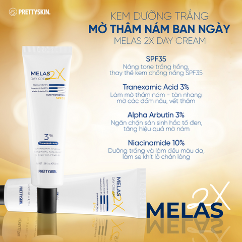 Kem Dưỡng Ban Ngày Melas 2X Cream PrettySkin (50ml) - Dưỡng Trắng Da, Giảm Nám Tàn Nhang, SPF35 Bảo Vệ Da khỏi Tia UV