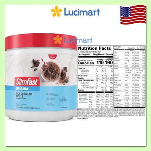 Bột uống Slimfast Original vị Chocolate hũ 364g [Hàng Mỹ]