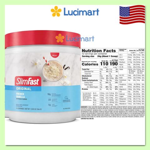 Bột uống Slimfast Original vị Vanilla hũ 364g [Hàng Mỹ]