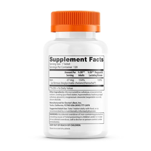 Viên Uống Sắt Doctor's Best Iron Ferrous Bisglycinate Ferrochel - Tăng Cường Sức Khỏe Hệ Tuần Hoàn, Hộp 120 Viên Bổ Máu