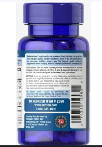 Viên uống bổ sung Kẽm giảm Mụn Zinc For Acne Puritan's Pride 100 viên - Hỗ trợ làm đẹp da và tăng cường sức đề kháng