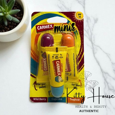 Bộ son dưỡng môi Carmex Lip Balm Mini - Hương Wild Berry, Cupcake & Tropical, Dưỡng ẩm, Chống nắng SPF 15 - Chăm sóc môi hàng ngày
