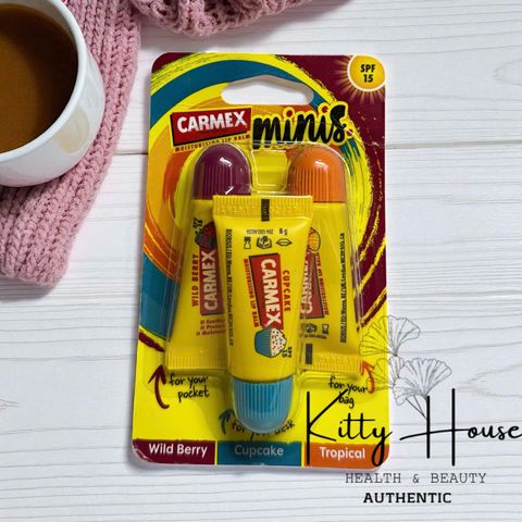 Bộ son dưỡng môi Carmex Lip Balm Mini - Hương Wild Berry, Cupcake & Tropical, Dưỡng ẩm, Chống nắng SPF 15 - Chăm sóc môi hàng ngày