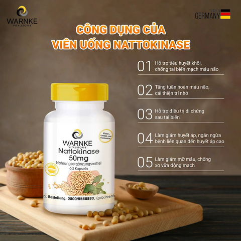 (Nội Địa) Lọ 60 Viên Uống Chống Đông Máu, Đột Quỵ Warnke Nattokinase – Nattokinase 50mg Fermentiert 2000 FU