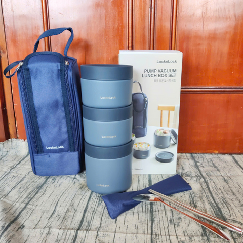 Bộ Hộp Cơm Giữ Nhiệt Văn Phòng LocknLock Lunch Box 3 Ngăn Kèm Túi Thìa Đũa LHC8052S01