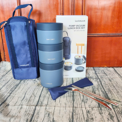 Bộ Hộp Cơm Giữ Nhiệt Văn Phòng LocknLock Lunch Box 3 Ngăn Kèm Túi Thìa Đũa LHC8052S01