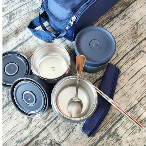 Bộ Hộp Cơm Giữ Nhiệt Văn Phòng LocknLock Lunch Box 3 Ngăn Kèm Túi Thìa Đũa LHC8052S01