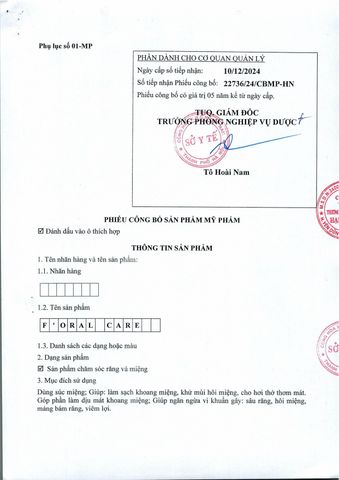 Nước Súc Miệng F'oral Care 250ml - Làm Trắng Răng, Khử Mùi Hôi, Sạch Mảng Bám, Giúp Nướu Khỏe Mạnh