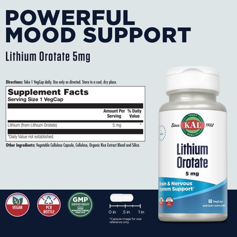 Viên Uống Lithium Orotate KAL - Hỗ Trợ Sức Khỏe Não Bộ và Tâm Trạng - 60-120 Viên Nhộng Nhập Mỹ