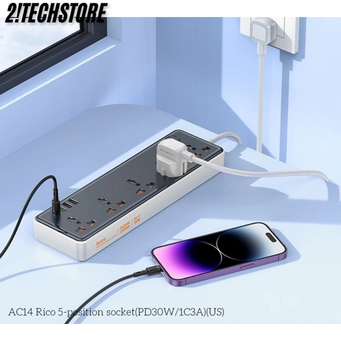 Ổ cắm thông minh Hoco AC14 nhiều cổng sạc đa năng Chất liệu nhựa PC chống cháy an toàn