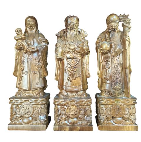 Bộ 3 Tượng Phúc Lộc Thọ Gỗ Hương Đá 30cm - Quà Tặng Ý Nghĩa Trang Trí Nhà Cửa, Tượng Trưng Tài Lộc, Sức Khỏe, Trường Thọ