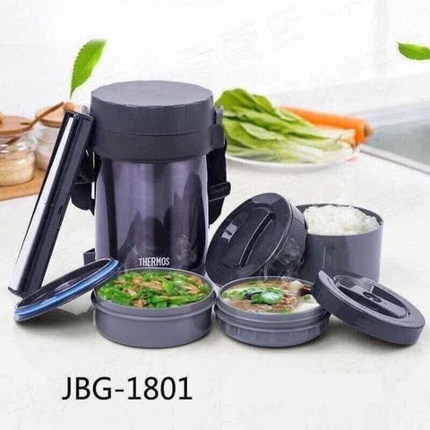 Hộp Cơm Giữ Nhiệt Thermos JBG-1801 - Thép Không Gỉ, 3 Ngăn Nhựa An Toàn, Giữ Nhiệt Lên Đến 6 Giờ, Xuất Xứ Nhật Bản