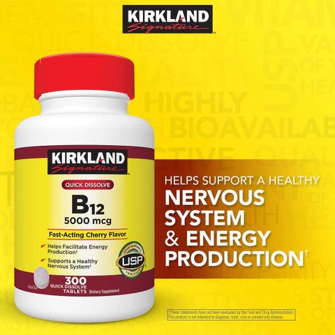 Viên Uống Kirkland Vitamin B12 5000 Mcg - Hỗ Trợ Năng Lượng, Sức Khỏe Thần Kinh - Chai 300 Viên Bổ Sung Thiết Yếu Cho Cơ Thể