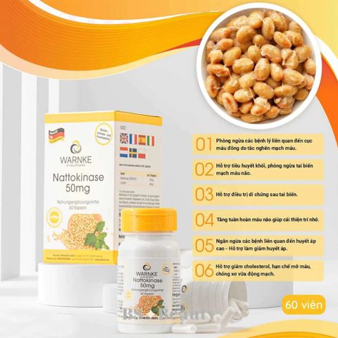 Viên Uống Chống Đông Máu Warnke Nattokinase 50mg - Hỗ Trợ Tim Mạch và Ngăn Ngừa Đột Quỵ (Hộp 60 Viên)