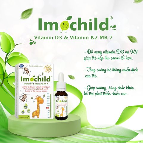 Vitamine D3 K2 MK7 Imochild - Hỗ Trợ Tăng Chiều Cao, Hấp Thu Canxi, Tăng Cường Sức Đề Kháng Cho Trẻ (Lọ 20ml)