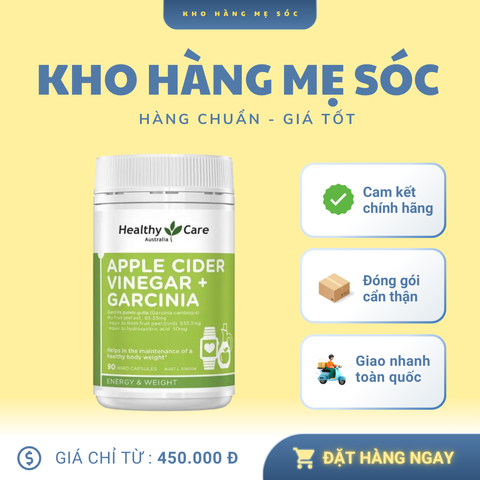 Viên Uống Giấm Táo Healthy Care Apple Cider Vinegar + Garcinia 90 Viên - Hỗ Trợ Giảm Cân, Kiểm Soát Cảm Giác Thèm Ăn, Xuất Xứ Úc