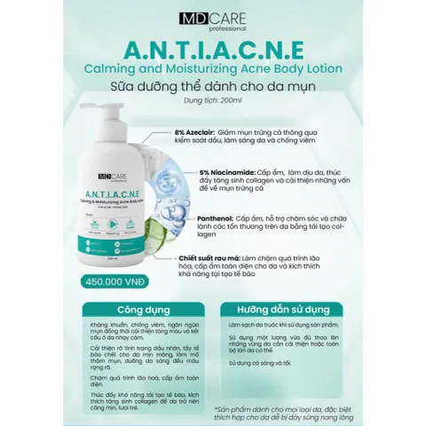 Sữa Dưỡng Thể Da Mụn MD CARE Α.Ν.Τ.Ι.Α.C.N.E 200ml - Giảm Dầu Nhờn, Chống Viêm, Cấp Ẩm Cho Da Nhạy Cảm