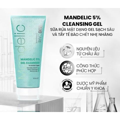 MD CARE Sữa Rửa Mặt Mandelic 5% - Gel Dịu Nhẹ Cấp Ẩm, Làm Sạch Lỗ Chân Lông, Giảm Mụn, Tẩy Tế Bào Chết Cho Da Rạng Rỡ 200ml