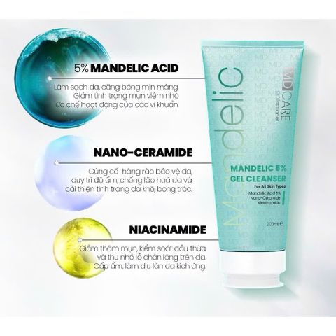 MD CARE Sữa Rửa Mặt Mandelic 5% - Gel Dịu Nhẹ Cấp Ẩm, Làm Sạch Lỗ Chân Lông, Giảm Mụn, Tẩy Tế Bào Chết Cho Da Rạng Rỡ 200ml