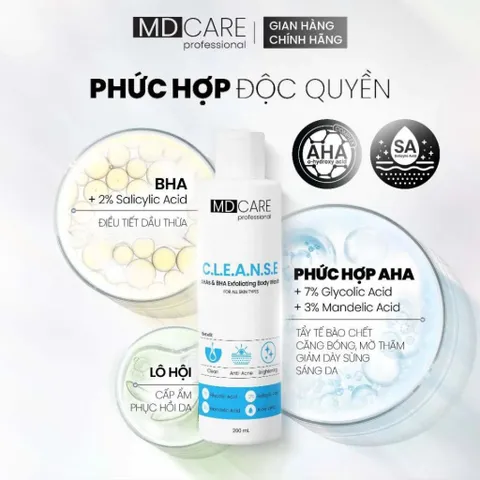 Sữa Tắm Giảm Mụn Lưng MD CARE C.L.E.A.N.S.E - Tẩy Tế Bào Chết Cho Da Sáng Mịn, Chống Viêm Mụn, Dung Tích 200ml