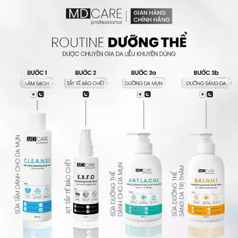 Sữa Tắm Giảm Mụn Lưng MD CARE C.L.E.A.N.S.E - Tẩy Tế Bào Chết Cho Da Sáng Mịn, Chống Viêm Mụn, Dung Tích 200ml