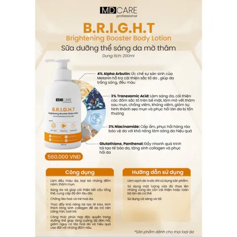 Sữa Dưỡng Thể MD CARE B.R.I.G.H.T Brightening Booster 200ml - Làm Trắng Da, Mờ Thâm, Cung Cấp Độ Ẩm và Chống Lão Hóa