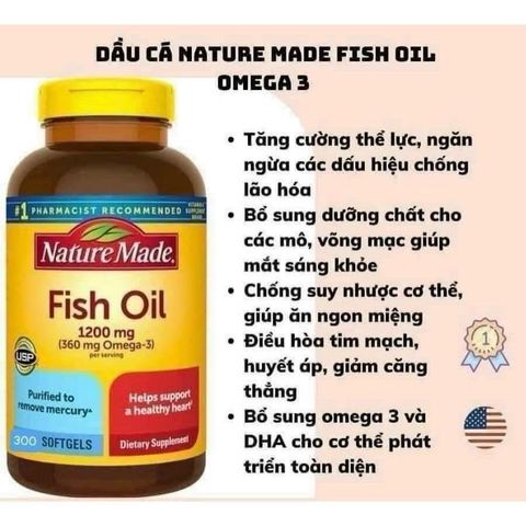 Dầu Cá Omega 3 Nature Made 1200mg - Hộp 300 Viên Giúp Sáng Mắt, Hỗ Trợ Tim Mạch và Tăng Cường Trí Não, Xuất Xứ Mỹ