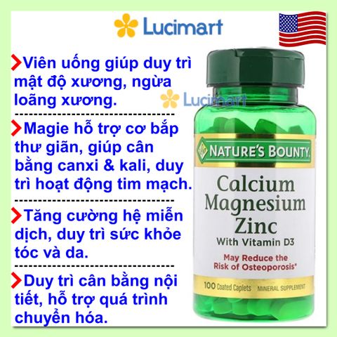 Viên uống Calcium Magnesium Zinc Nature's Bounty hũ 100 viên [Hàng Mỹ]