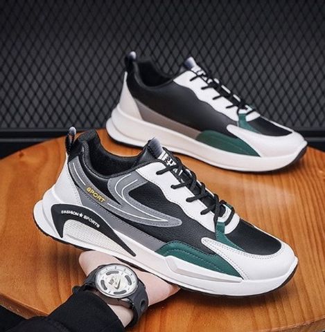 Giày Thể Thao Nam Mã 0016 Da PU Phối Màu Đen Xám Thời Trang - Sneaker Đế Bằng Thoải Mái Phong Cách Năng Động