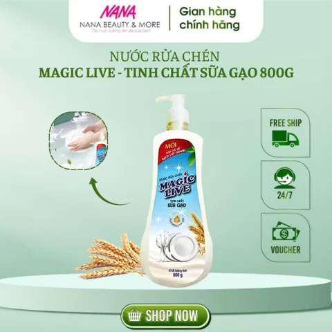 Nước Rửa Chén Magic Live Hương Sữa Gạo 800g - Đánh Bay Dầu Mỡ, Khử Mùi Hôi, An Toàn Cho Da Tay