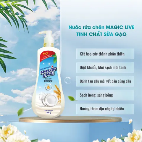Nước Rửa Chén Magic Live Hương Sữa Gạo 800g - Đánh Bay Dầu Mỡ, Khử Mùi Hôi, An Toàn Cho Da Tay