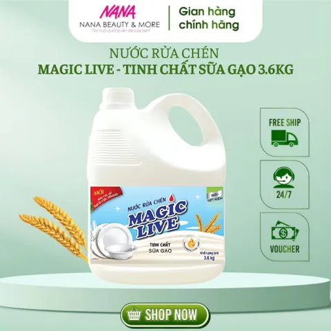Nước Rửa Chén MAGIC LIVE Hương Sữa Gạo 3,6kg - Khử Mùi, Đánh Bóng Chén Đĩa An Toàn Cho Sức Khỏe, Thân Thiện Với Môi Trường
