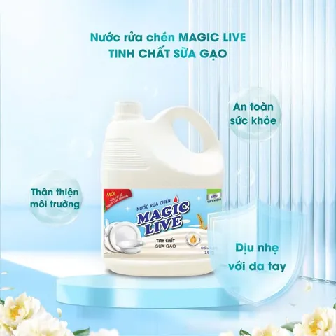 Nước Rửa Chén MAGIC LIVE Hương Sữa Gạo 3,6kg - Khử Mùi, Đánh Bóng Chén Đĩa An Toàn Cho Sức Khỏe, Thân Thiện Với Môi Trường