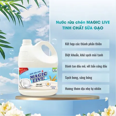 Nước Rửa Chén MAGIC LIVE Hương Sữa Gạo 3,6kg - Khử Mùi, Đánh Bóng Chén Đĩa An Toàn Cho Sức Khỏe, Thân Thiện Với Môi Trường