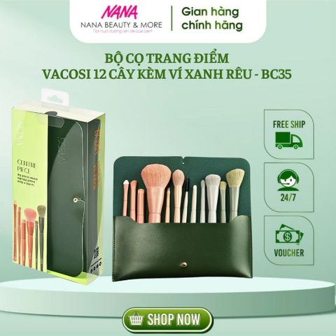 Bộ Cọ Trang Điểm Vacosi 12 Cây Kèm Ví Xanh Rêu BC35 - Cọ Chuyên Nghiệp Hàn Quốc, Thiết Kế Sang Trọng, Tiện Dụng cho Người Mới Bắt Đầu