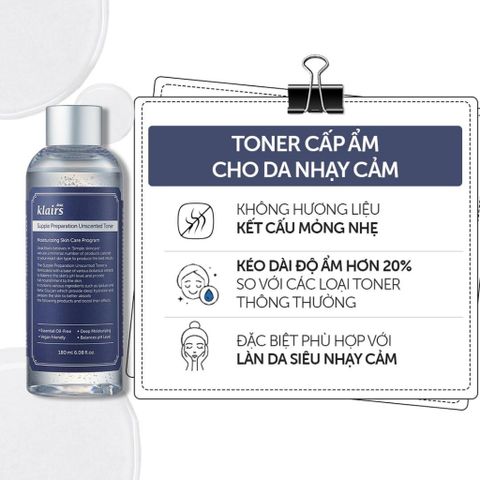 Nước Hoa Hồng Klairs Supple Preparation Facial Toner 180ml - Toner Dưỡng Ẩm Phục Hồi Da Nhạy Cảm, Cân Bằng Độ pH, Hàn Quốc