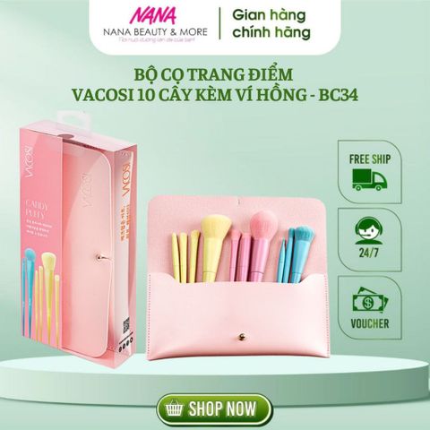 Bộ cọ trang điểm VACOSI 10 cây kèm ví hồng BC34 - Nana Shop