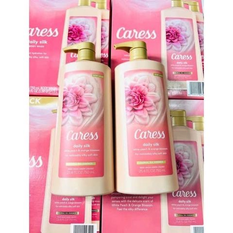 Sữa Tắm Hương Nước Hoa CARESS Daily Silk Đào Trắng & Hoa Cam 750ml - Dưỡng Da Mềm Mại, Thư Giãn & Sảng Khoái