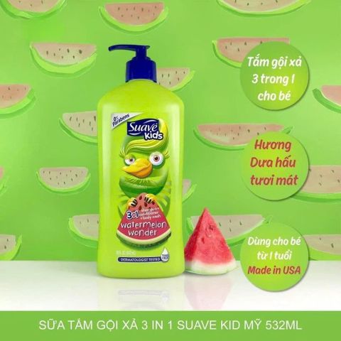Sữa Tắm Gội Xả 3in1 Suave Kids Hương Dưa Hấu 532ml & 1180ml - Dành Cho Da Nhạy Cảm Của Trẻ Em, Cảm Giác Tươi Mát