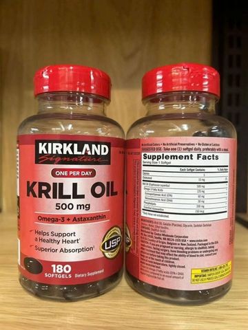 Omega Dầu nhuyễn thể Kirkland Signature Krill Oil 500mg, 180 viên - Bổ sung Omega 3-6-9 cho sức khỏe tim mạch và não bộ