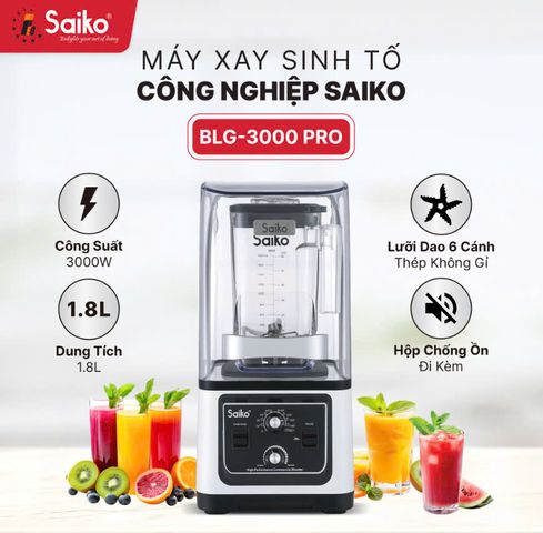 Máy Xay Sinh Tố Công Nghiệp Saiko BLG-3000 - 3000W, Dung Tích 1.8L, Lưỡi Dao inox 6 Cánh, An Toàn, Hiệu Suất Cao cho Nhà Hàng, Quán Cafe