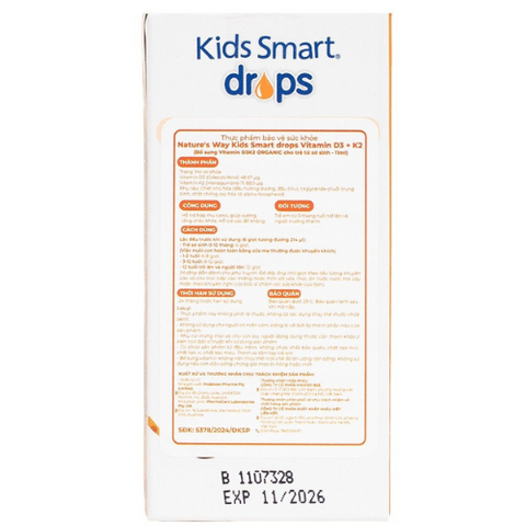 Vitamin D3 K2 cho bé Nature's Way Kids Smart Drops - Hỗ trợ hấp thụ canxi và sức đề kháng cho xương và răng chắc khỏe