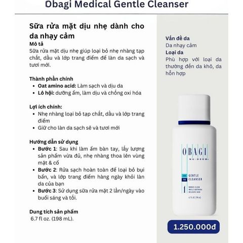 Sữa Rửa Mặt Dịu Nhẹ OBAGI Medical Cho Da Nhạy Cảm - Làm Sạch Sâu & Dưỡng Ẩm Cấp Ẩm Da Mặt