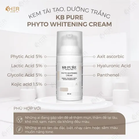 KB Pure Phyto Whitening Cream - Kem Dưỡng Trắng Da Tái Tạo, Giảm Thâm Nám, Chất Lỏng 30ml Cho Da Nhạy Cảm