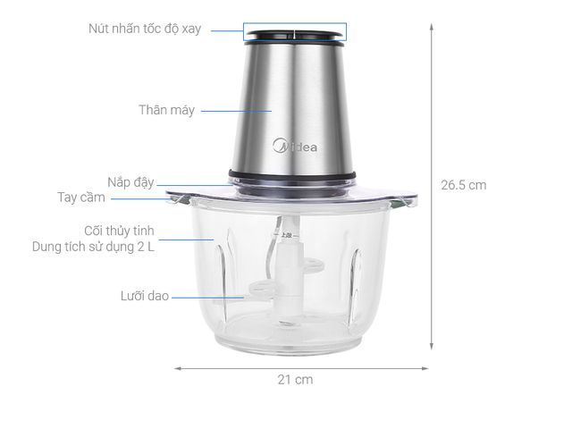 Máy xay thịt Midea MJ-BC300GS - Công suất 300W, cối thủy tinh 2L, xay thịt, hải sản, gia vị, an toàn, thiết kế hiện đại, tiện lợi cho bếp.