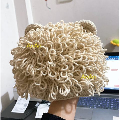 Mũ Len Tóc Xù Tai Gấu Màu Be Dễ Thương Cho Bé - Chất Liệu Len Cotton 50g, Gắn Tên Theo Yêu Cầu